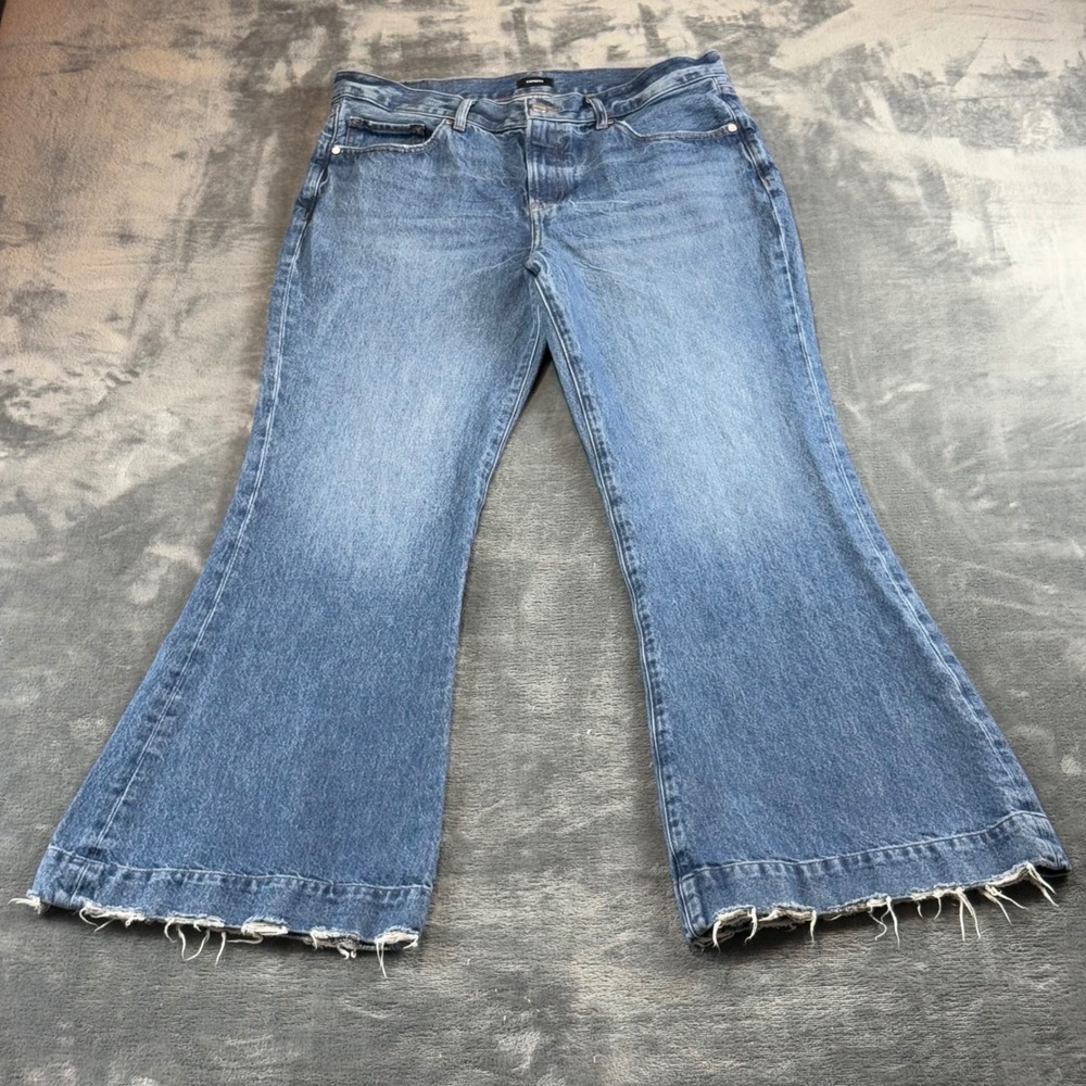 Express 70s Flare Jeans Womens 10R Mid Rise Raw Hem Medium Wash Denim Blue